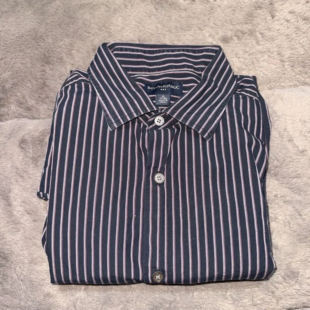 Banana Republic Dress Shirt Mens XL Navy Stripe Non-Iron
